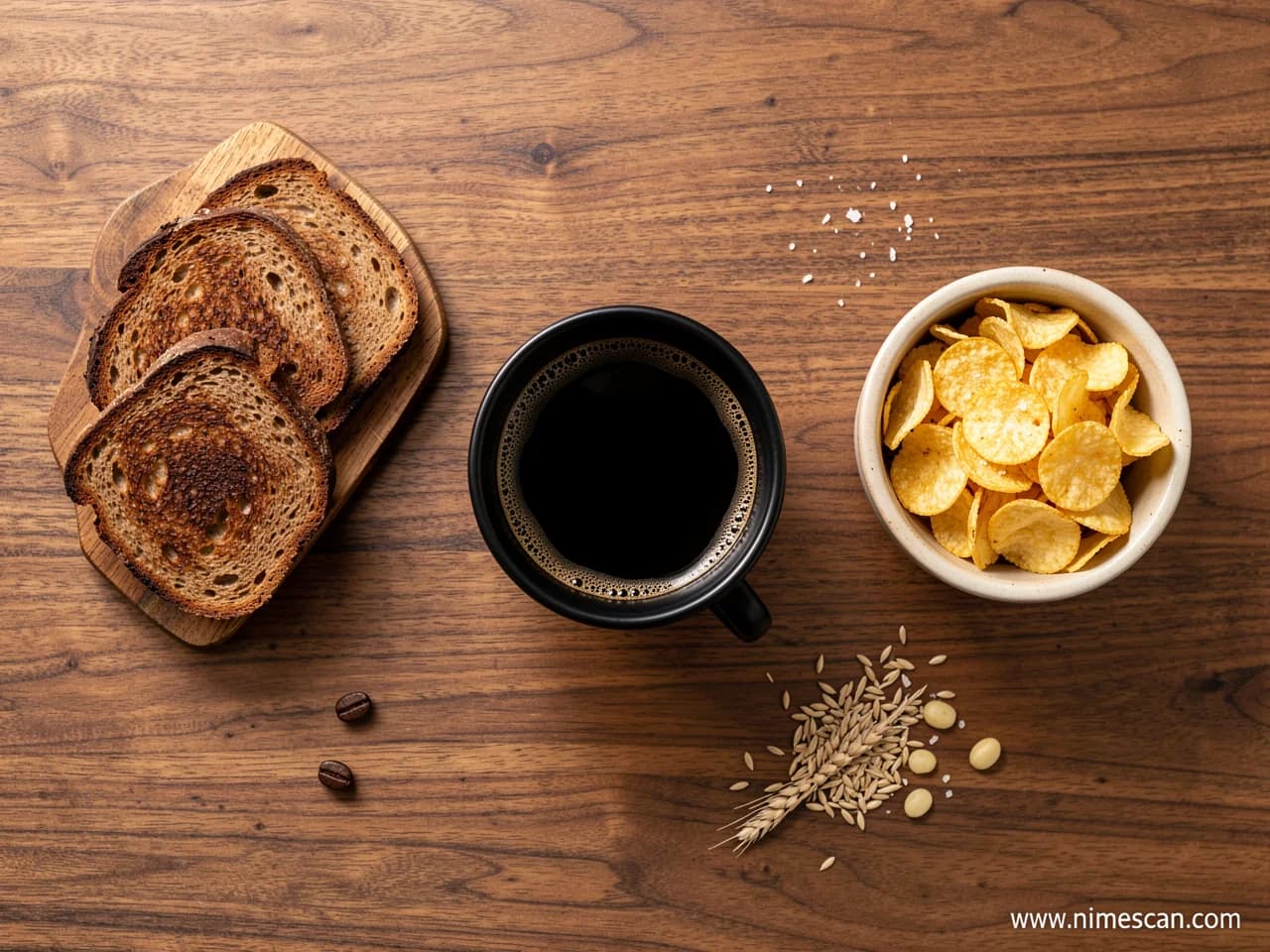 Een redactionele flat-lay van bovenaf met de drie belangrijkste acrylamide-bronnen — een kopje donker gebrande koffie, een bord donker geroosterd brood en een kom aardappelchips — op een warm houten oppervlak, ter illustratie van de dagelijkse producten in het centrum van de EU-voorstellen voor bindende acrylamide-limieten eind 2026