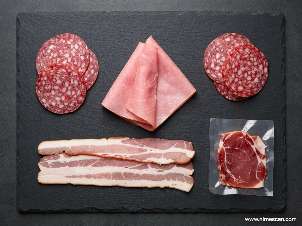 Een redactionele flat-lay van bovenaf met gangbare gepekelde en bewerkte vleesproducten — plakjes bacon, salami, ham en gekookt-gepekelde vleessneden — op een matte leisteen plank, ter illustratie van de categorieën die geraakt worden door Uitvoeringsverordening (EU) 2023/2108 die de toegestane nitrietniveaus vanaf oktober 2025 verlaagde